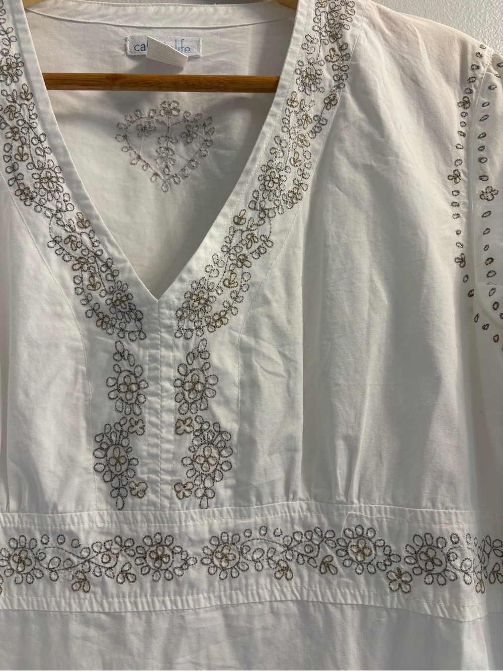 Cabana Life White Cotton Embroidered V-Neck Tunic Dress Bell Sleeve Size M - Picture 4 of 11